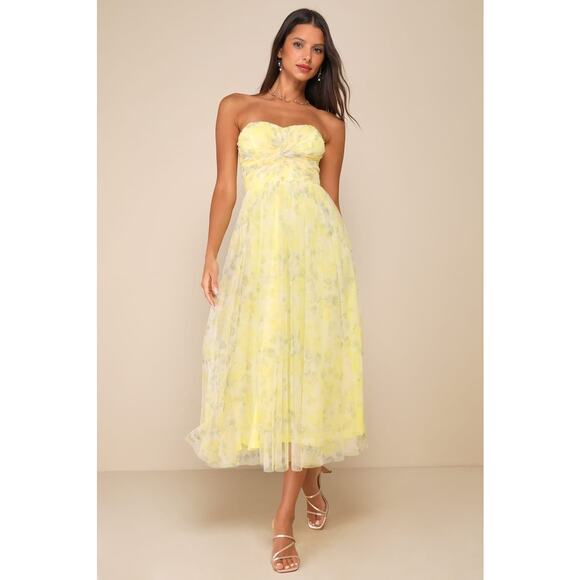 NWT Lulus Perfect Whimsy Yellow Floral Mesh Strapless Midi Dress Tube Size XL - Picture 1 of 10
